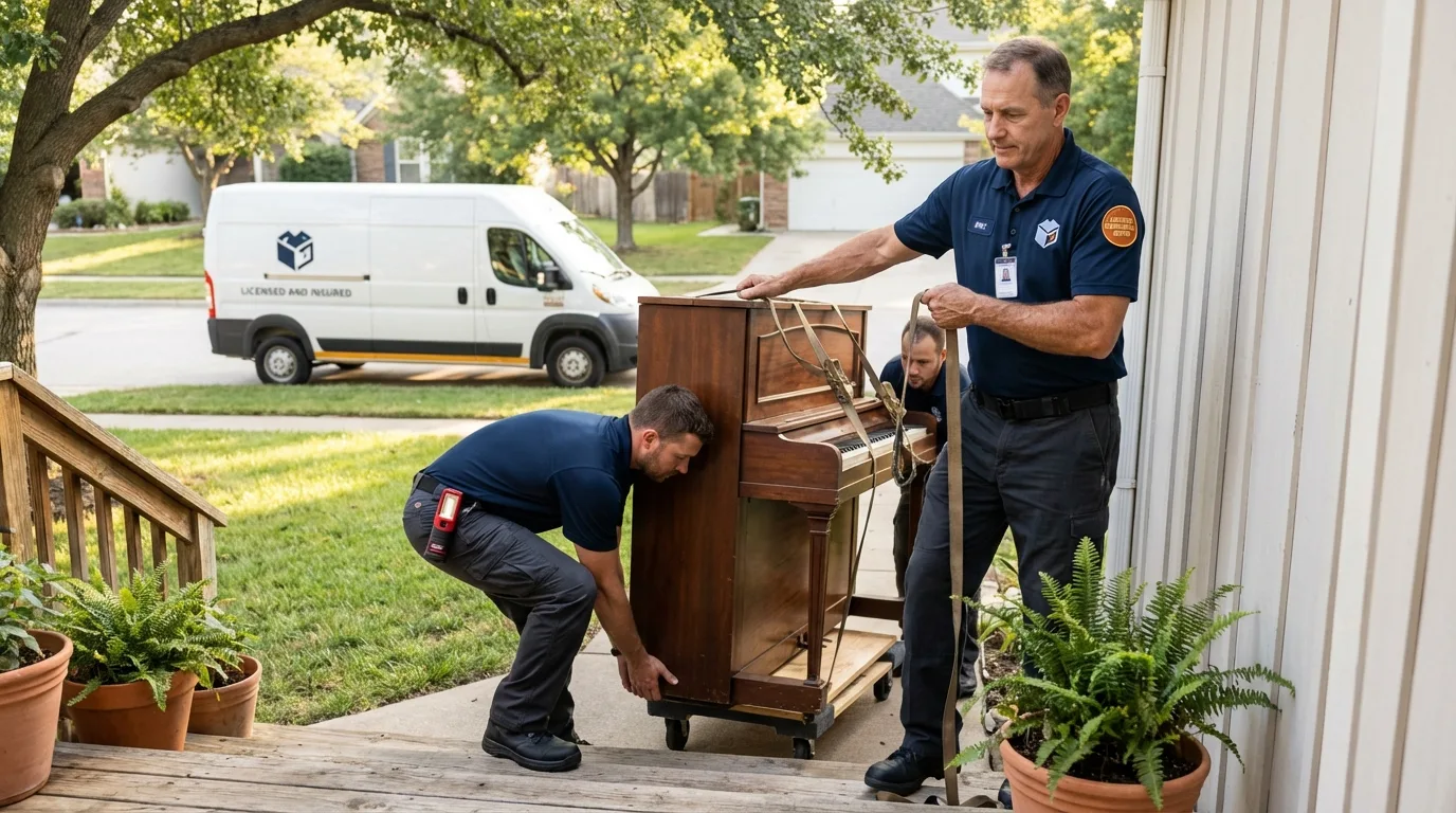 Licensed piano movers securing grand piano in Taylorsville, MS