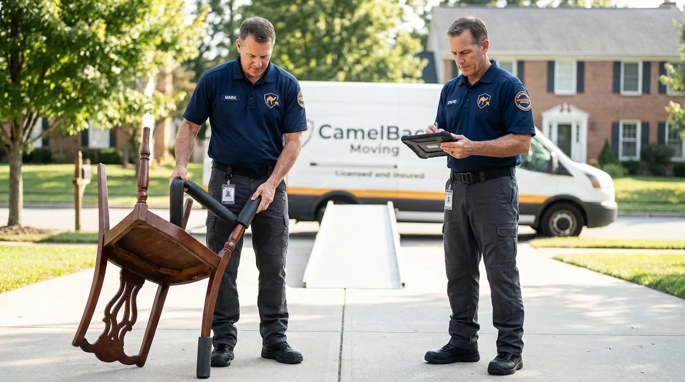Movers inspecting furniture for damage prevention before loading in Taylorsville, MS