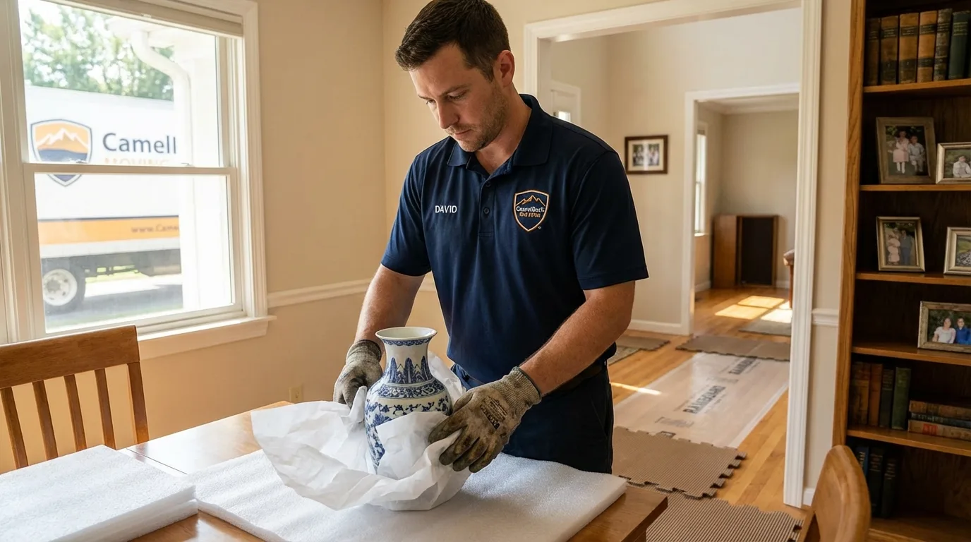 Professional crew carefully wrapping antique vase for senior downsizing move in Taylorsville, MS